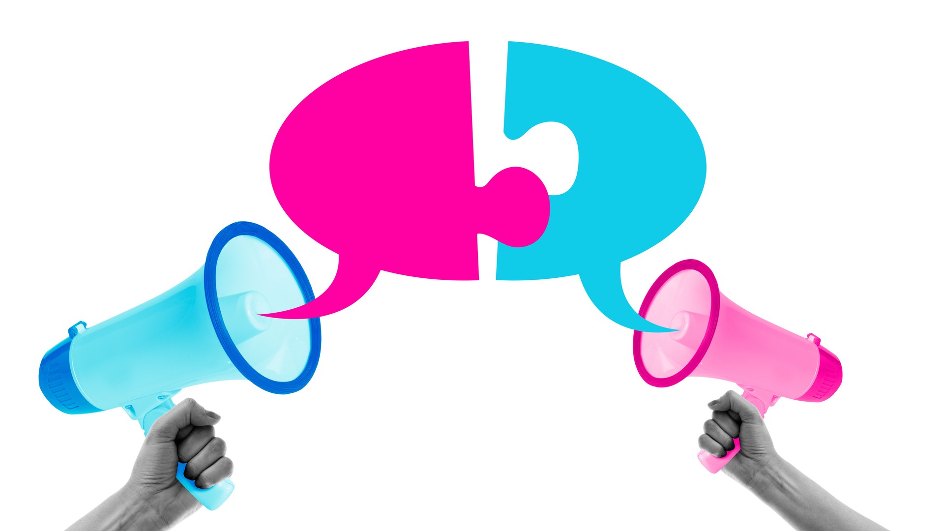 Digital artwork. Two hands holding megaphones with puzzle-shaped speech bubbles symbolizing dialogue and cooperation